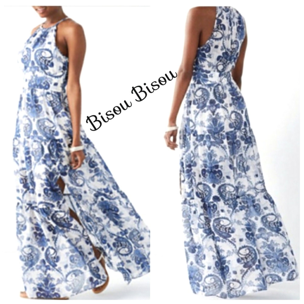 Nwt Bisou Bisou Blue Paisley Flowy Halter Floral Maxidress